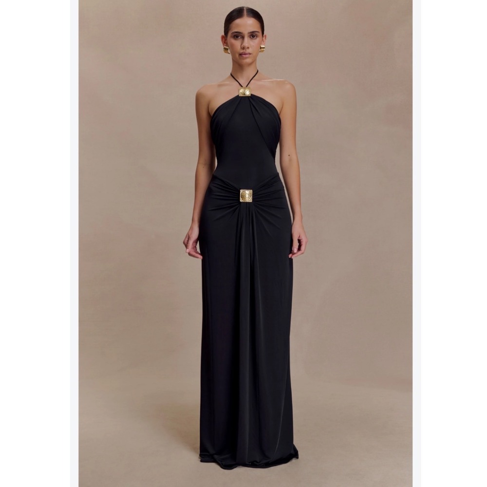 MESHKI Quincy Halter Maxi Dress Women S Black Gold Hardware DR10761KD1